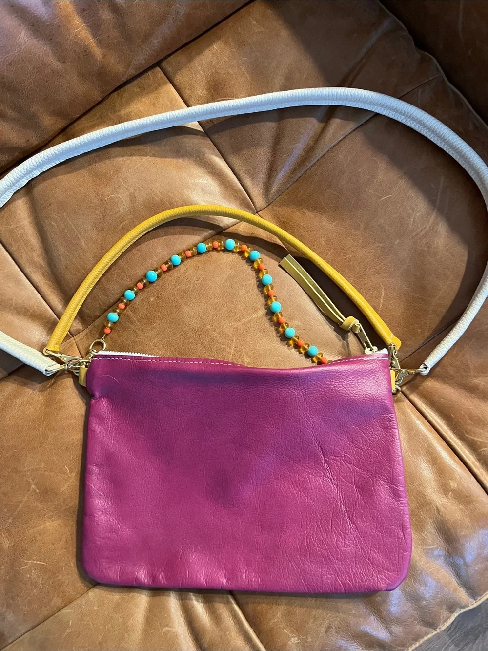 Baqette Leather Crossbody Bag with 2 Straps and Decorative Beadshop Brand Strap